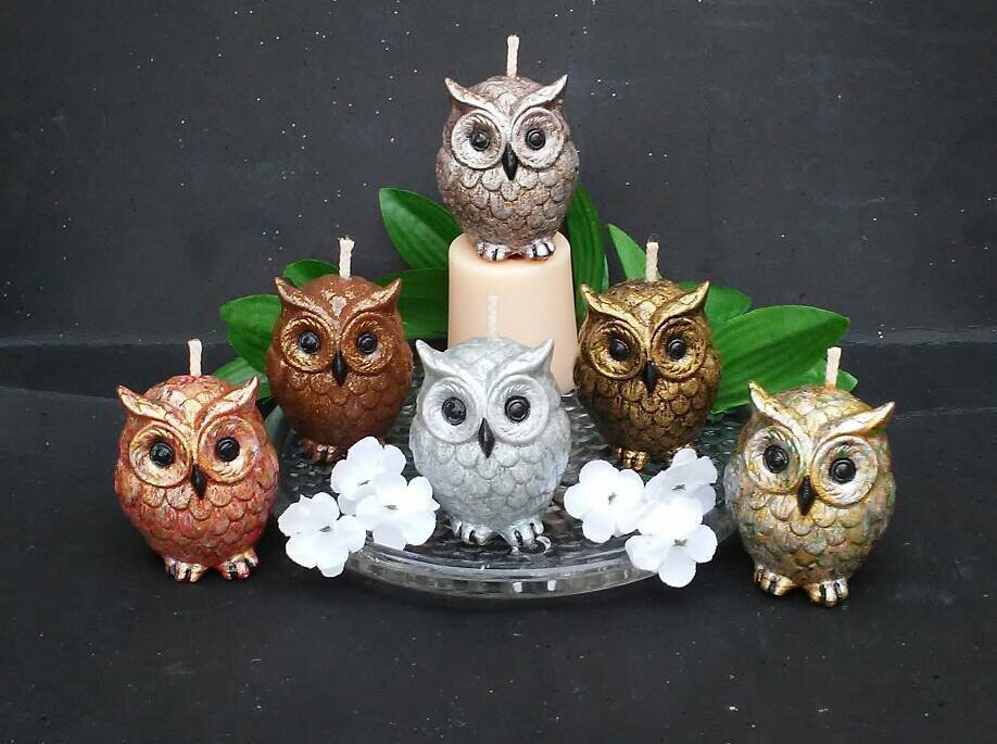 Set of Six  / Hand Painted Owl Candles