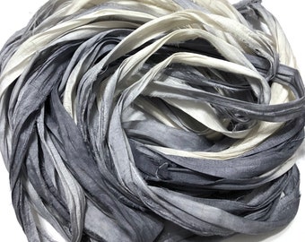 10yd SILVER GREY OMBRE Sari Silk Ribbon/Journal Sari Silk Ribbon/Sari Tassels/Sari Wall Decor/Sari Dream Catcher/Farmhouse Decor/diy Jewelry