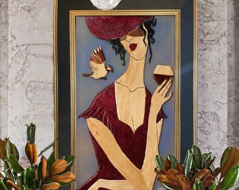 Original Female Portrait Holding Red Wine, Wooden Wall Art, Mixed Media Artwork, Gift for Her, For Women, Gift For Sister, Mother's Day Gift