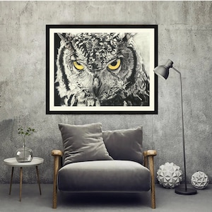 Original Owl Drawing, Graphite Charcoal Drawing, Bird Drawing, Realistic Drawing, Gift for Her, Owl Printable Wall Art, Animal Print