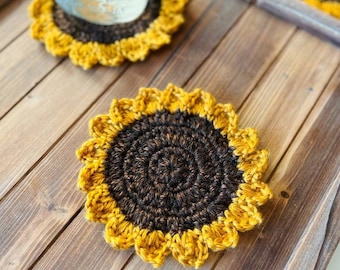 Crochet Sunflower Coaster Pattern // Easy Crochet Gift Pattern // Flat Sunflower Crochet Pattern // PDF Download