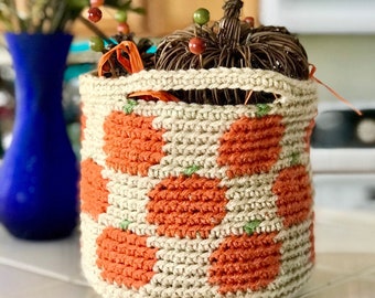 Crochet Pumpkin Basket Pattern—Fall crochet basket, crochet Fall decoration, crochet home decor, easy crochet basket, tapestry crochet