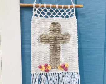 Crochet Easter Cross Wall Hanging, crochet wall hanging pattern, easter crochet pattern, christian crochet cross home decor