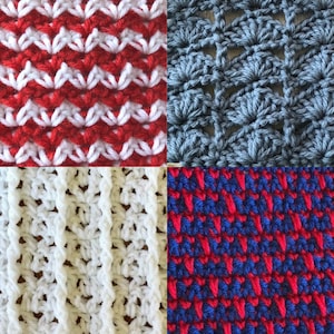 May include: Four different crochet stitch patterns in red, white, blue, and gray. The top left pattern is a red and white chevron stitch. The top right pattern is a gray openwork stitch. The bottom left pattern is a white single crochet stitch. The bottom right pattern is a red, white, and blue chevron stitch.