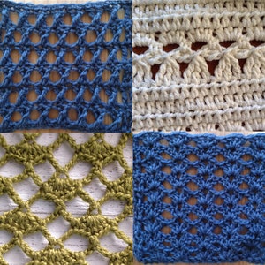 May include: Four different crochet stitch samples in blue, white, green, and a darker blue. The stitches are all openwork and create a lacy effect.