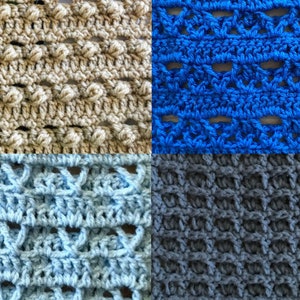 May include: Four different crochet stitch samples in beige, blue, light blue, and gray. The stitches are all different and show off the variety of crochet stitches that can be used.