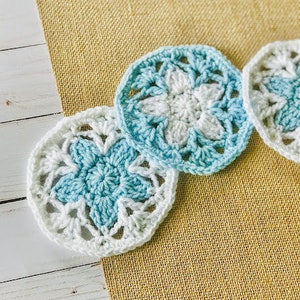 Forget Me Not Coasters Crochet Pattern — crochet lace coasters, crochet flower coaster pattern, round crochet coasters