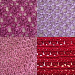 May include: Four different crochet stitch samples in pink, purple, and red. The stitches are all openwork and create a lacy effect.
