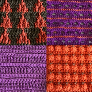 Può includere: Quattro diversi quadrati all'uncinetto in vari colori e motivi. I quadrati sono realizzati con filato arancione, viola e verde. I quadrati sono tutti di dimensioni e forme diverse.