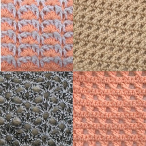 Puede incluir: Un collage de cuatro patrones de ganchillo diferentes. La parte superior izquierda presenta un punto de concha melocotón y gris. La parte superior derecha muestra un tejido abierto beige. La parte inferior izquierda muestra un diseño gris y de encaje, y la inferior derecha un calado melocotón.