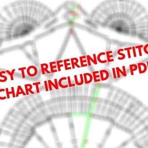 May include: A black and white graphic design of a stitch chart. The chart is labeled "EASY TO REFERENCE STITCH CHART INCLUDED IN PDF".