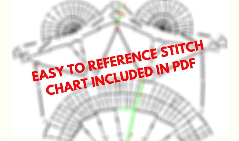 May include: A black and white graphic design of a stitch chart. The chart is labeled "EASY TO REFERENCE STITCH CHART INCLUDED IN PDF".