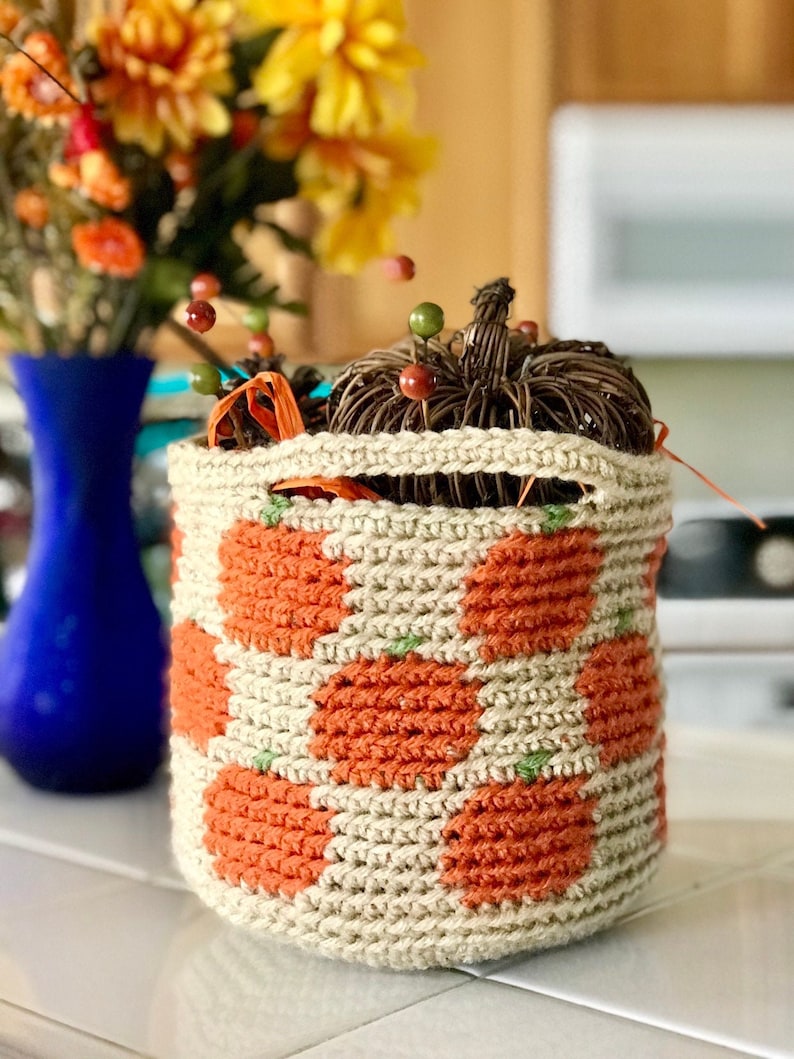 Crochet Pumpkin Basket PatternFall crochet basket, crochet Fall decoration, crochet home decor, easy crochet basket, tapestry crochet zdjęcie 1
