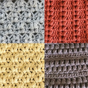 May include: Four different crochet squares in various colors, including gray, red, yellow, and dark gray. Each square features a unique stitch pattern.