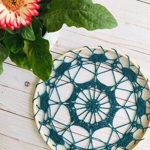 May include: A teal blue crocheted dream catcher with a wooden hoop. The dream catcher is hanging against a white wooden background.