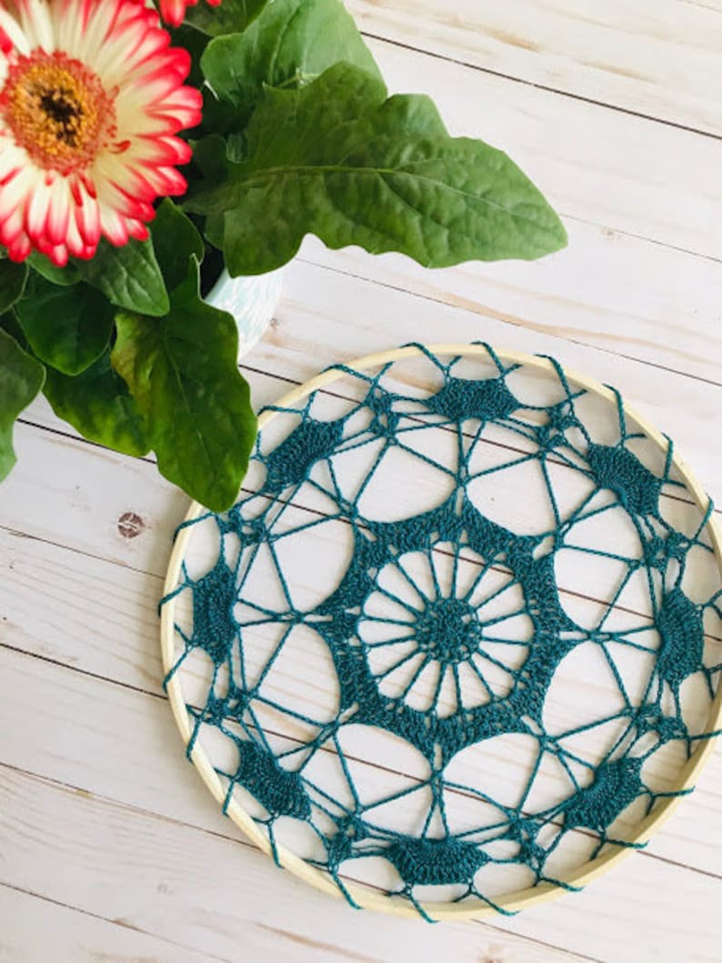 May include: A teal blue crocheted dream catcher with a wooden hoop. The dream catcher is hanging against a white wooden background.