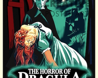 May include: A vintage movie poster for the film "The Horror of Dracula" starring Peter Cushing, Michael Gough, Melissa Stribling, and Christopher Lee. The poster features a dark green and black color scheme with a dramatic image of Dracula holding a woman in his arms.