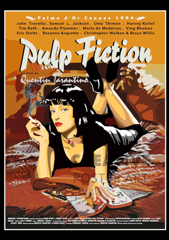 パルプ・フィクションのポスター：手描きの映画アート（デジタル