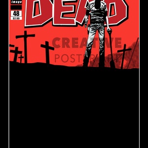 Pu&ograve; includere: La copertina del fumetto The Walking Dead, numero 48, con un uomo con una pala in piedi in un cimitero. La copertina &egrave; rossa con testo nero e una silhouette nera di un cimitero sullo sfondo.