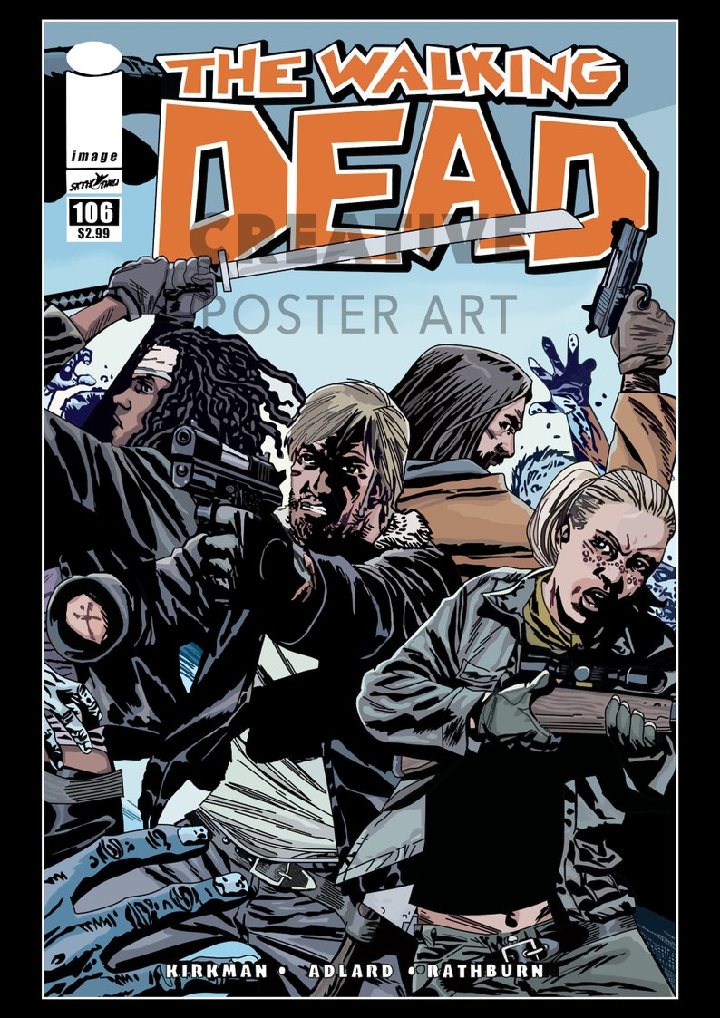 Pu&ograve; includere: La copertina del fumetto The Walking Dead, numero 106, con quattro personaggi in una posa drammatica. I personaggi impugnano armi e sono circondati da uno sfondo blu e bianco. Il titolo "The Walking Dead" &egrave; in grandi caratteri grassetto nella parte superiore della copertina.