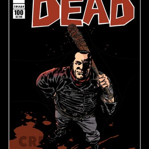 Pu&ograve; includere: La copertina del fumetto The Walking Dead con un'illustrazione in bianco e nero di un uomo che tiene una mazza da baseball con filo spinato. Il titolo "The Walking Dead" &egrave; in rosso. Il fumetto &egrave; il numero 100.