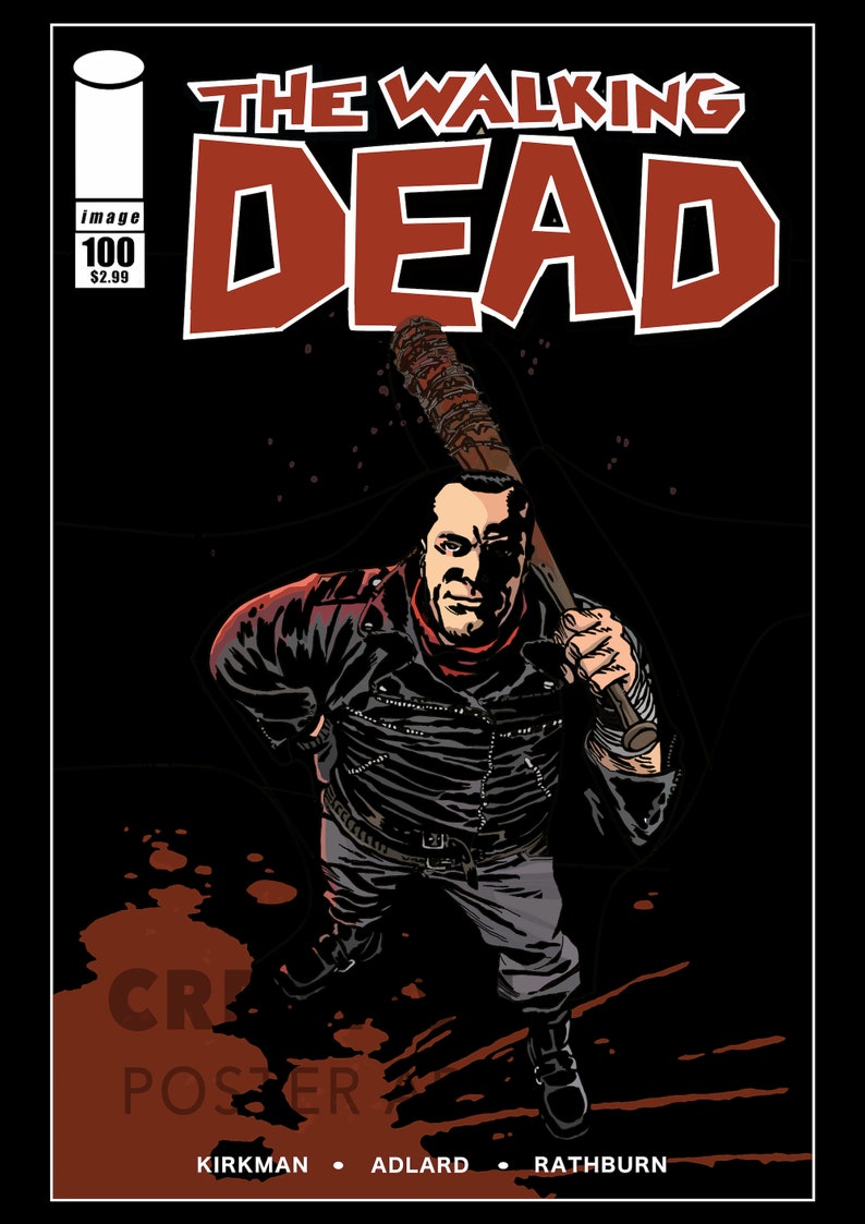 Pu&ograve; includere: La copertina del fumetto The Walking Dead con un'illustrazione in bianco e nero di un uomo che tiene una mazza da baseball con filo spinato. Il titolo "The Walking Dead" &egrave; in rosso. Il fumetto &egrave; il numero 100.