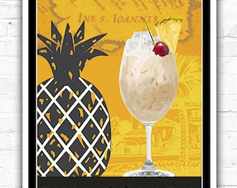 Impresión de cóctel de piña colada: póster de arte de bar dibujado a mano
