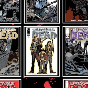 Pu&ograve; includere: Una collezione di nove copertine di fumetti con The Walking Dead. Le copertine sono di vari colori e presentano diversi personaggi della serie. Le copertine sono disposte in una griglia.