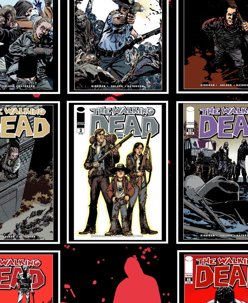 Pu&ograve; includere: Una collezione di nove copertine di fumetti con The Walking Dead. Le copertine sono di vari colori e presentano diversi personaggi della serie. Le copertine sono disposte in una griglia.