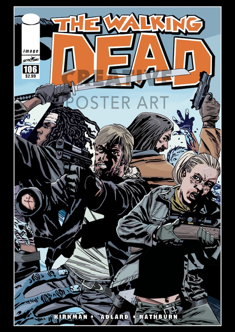 Pu&ograve; includere: La copertina del fumetto The Walking Dead, numero 106, con quattro personaggi in una posa drammatica. I personaggi impugnano armi e sono circondati da uno sfondo blu e bianco. Il titolo "The Walking Dead" &egrave; in grandi caratteri grassetto nella parte superiore della copertina.