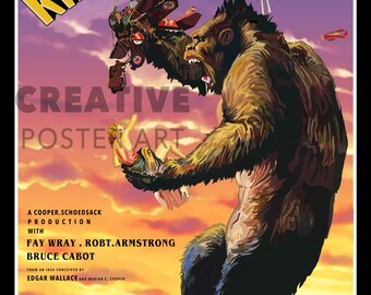 Póster de King Kong, póster de la película King Kong, póster de la película King Kong de 1933, póster de ciencia ficción, póster retro de King Kong, arte mural de King Kong
