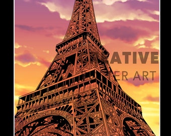 Eiffel Tower Sunset Art Print: Paris Travel Poster (Digital Download)