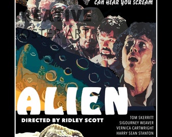 Puede incluir: Un póster de película para la película de terror de ciencia ficción Alien, que presenta un primer plano de la cabeza de la criatura alienígena y un grupo de astronautas. El póster tiene el título "Alien" en grandes letras blancas y el lema "En el espacio, nadie puede oírte gritar".