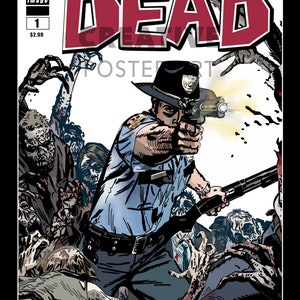 Pu&ograve; includere: Una copertina di fumetto che mostra un uomo in uniforme da sceriffo che tiene una pistola e punta a un gruppo di zombie. La copertina &egrave; intitolata "The Walking Dead" con il numero "1" e il prezzo "$ 2,99" nell'angolo in alto a sinistra.