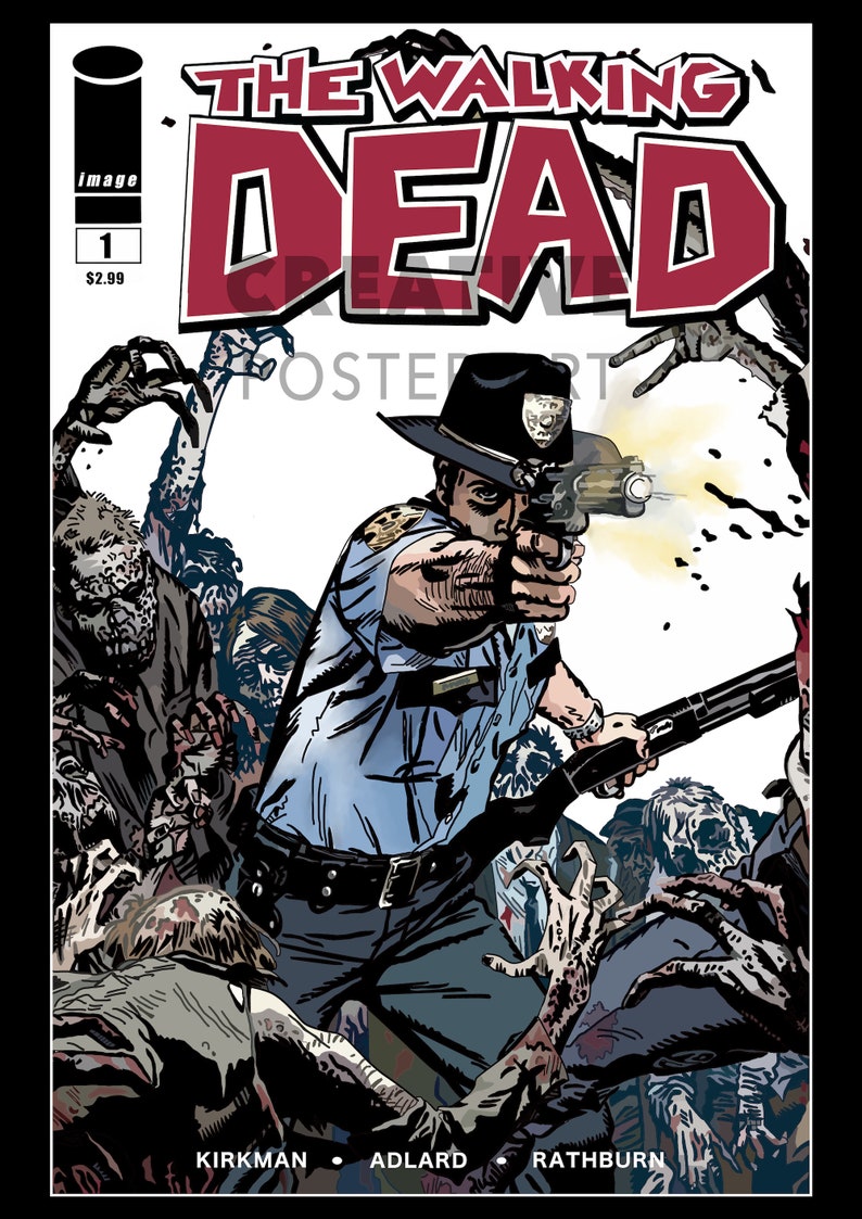 Pu&ograve; includere: Una copertina di fumetto che mostra un uomo in uniforme da sceriffo che tiene una pistola e punta a un gruppo di zombie. La copertina &egrave; intitolata "The Walking Dead" con il numero "1" e il prezzo "$ 2,99" nell'angolo in alto a sinistra.
