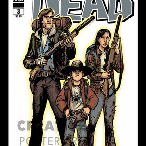 Pu&ograve; includere: La copertina del fumetto The Walking Dead presenta tre personaggi: un uomo con un fucile a pompa, una donna con un fucile e un giovane ragazzo con una pistola. La copertina &egrave; in stile vintage ingiallito.