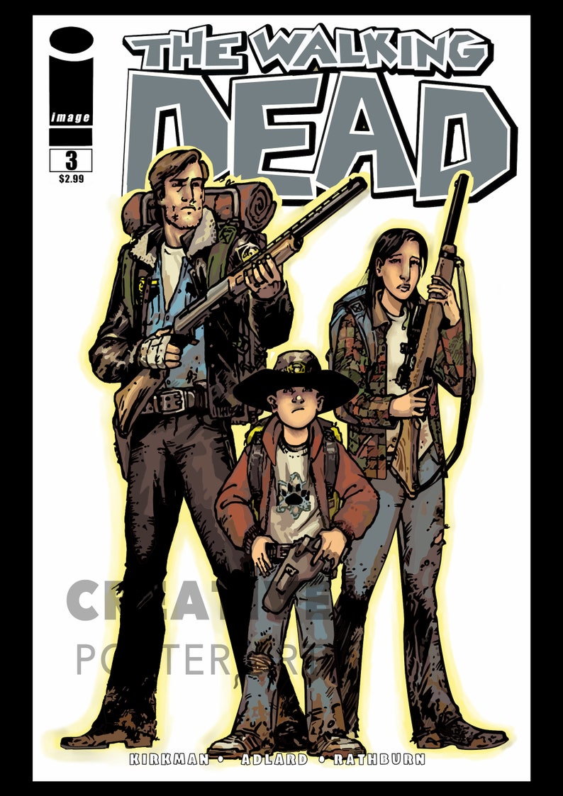 Pu&ograve; includere: La copertina del fumetto The Walking Dead presenta tre personaggi: un uomo con un fucile a pompa, una donna con un fucile e un giovane ragazzo con una pistola. La copertina &egrave; in stile vintage ingiallito.