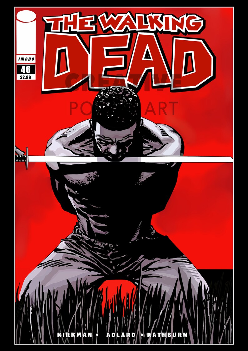 Pu&ograve; includere: La copertina del fumetto The Walking Dead, numero 46, con un'illustrazione in bianco e nero di un uomo con una spada davanti a lui. Lo sfondo &egrave; rosso con il titolo "The Walking Dead" in bianco.