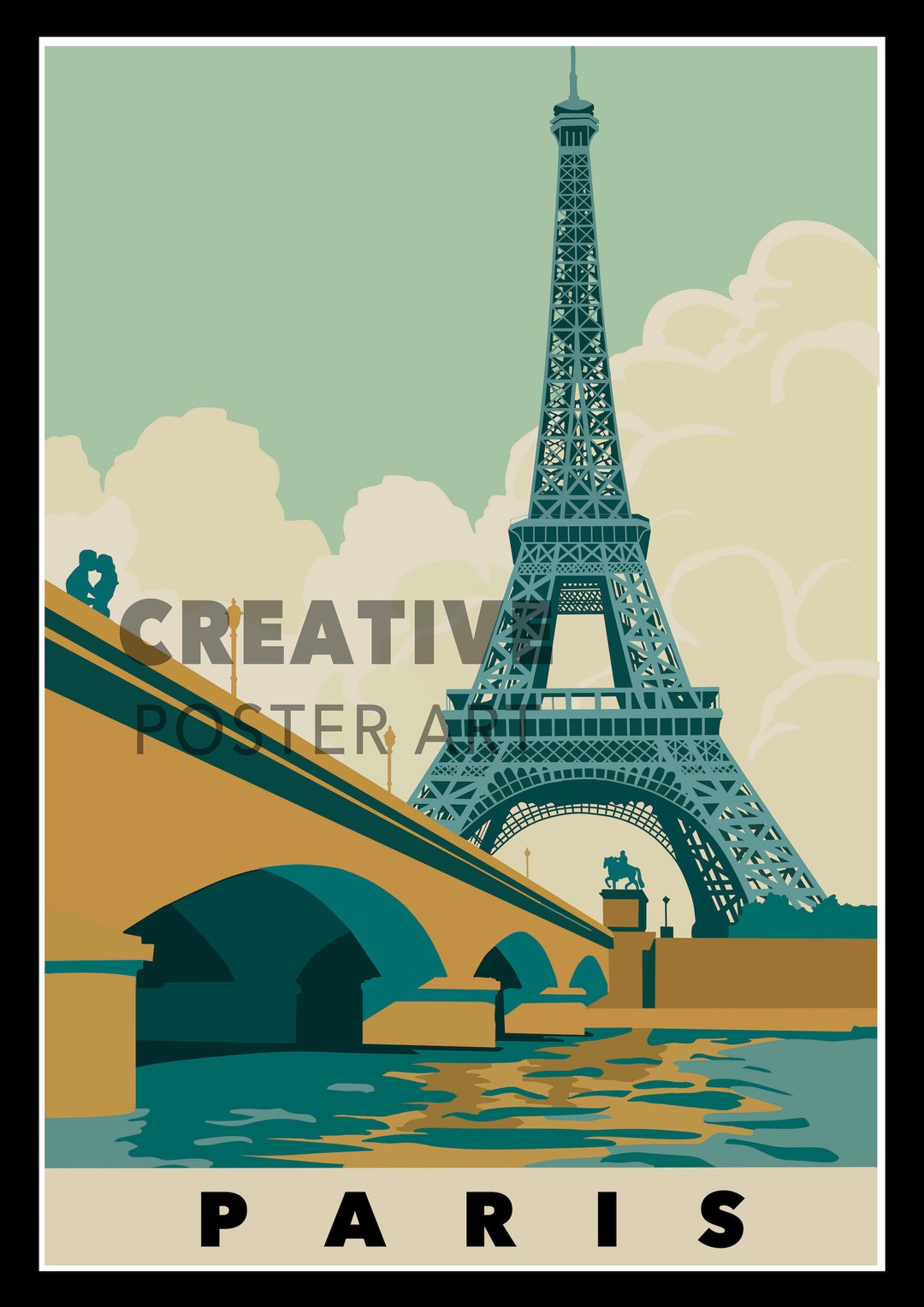 パリのエッフェル塔ポスター：手描きの旅行プリント（デジタル