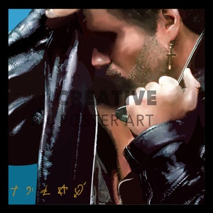 May include: A black and white image of a man wearing a black leather jacket. He is looking down and holding the jacket collar with his right hand. The text "GEORGE MICHAEL" is at the top of the image and "FAITH" is at the bottom. The image has a blue background.