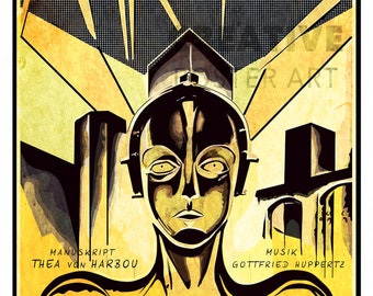 May include: A vintage movie poster for the 1927 German science fiction film "Metropolis" by Fritz Lang. The poster features a stylized image of a robot woman with a metallic face and a futuristic cityscape in the background. The text on the poster reads "Metropolis", "Ein Film von Fritz Lang", "In den Hauptrollen Brigitte Helm, Gustav Frohlich", and "UFA Film im Verleih der Parufamet".