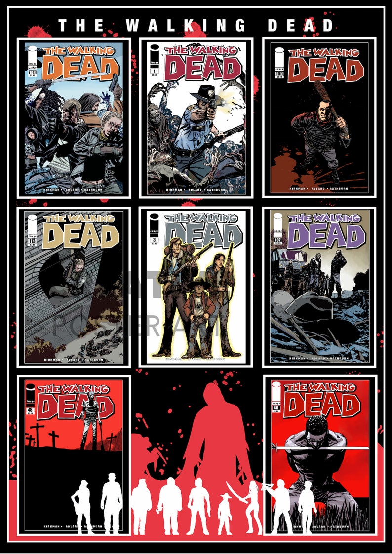 Pu&ograve; includere: Un collage di nove copertine di fumetti con i personaggi di The Walking Dead. Le copertine sono in bianco e nero con accenti rossi. Il titolo "The Walking Dead" &egrave; presente su ogni copertina. Le copertine sono disposte in una griglia 3x3.