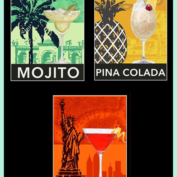 Lot de 3 affiches imprimées cocktail, art mural cocktail, décoration d'intérieur, idée cadeau, impression cocktail, affiche cocktail, tailles A0/A1/A2/A3/A4