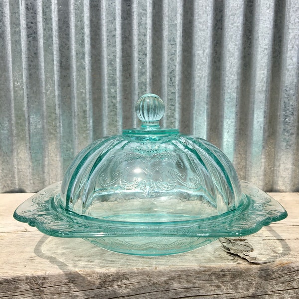 Rare Indiana Glass Recollection Teal Butter Dish-Indiana Glass Covered Butter Dish-Indiana Glass Recollection Covered Cheese Dish