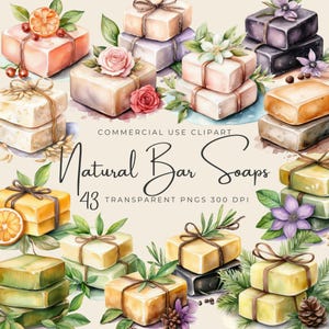 May include: A collection of 43 watercolour illustrations of natural bar soaps. The soaps are decorated with flowers, herbs, and other natural elements. The image includes the text "Natural Bar Soaps" and "43 Transparent PNGs 300 DPI".