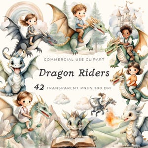 Enfants mignons Dragon cavaliers Clipart PNG, histoire de château magique fantastique, illustration graphique aquarelle, POD planificateur autocollant numérique fabrication de cartes