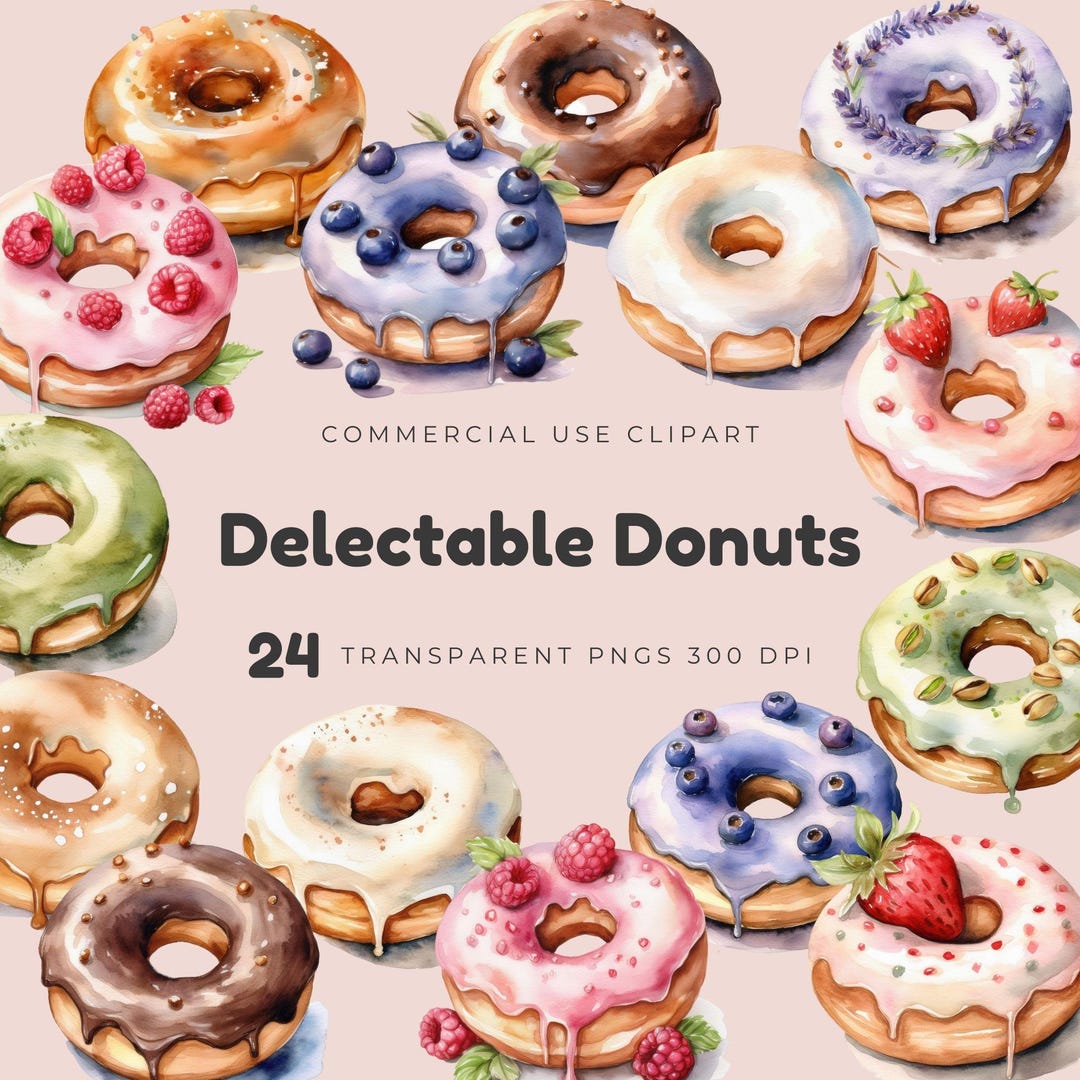 24 Delectable Donuts Clipart PNG, Hand-drawn Style Food Watercolor ...