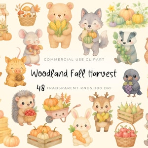 Pode incluir: Conjunto de cliparts em aquarela com animais da floresta e elementos da colheita de outono. Inclui um urso com milho, uma raposa com uma abóbora e um coelho com uma cenoura. O texto "Woodland Fall Harvest" é exibido.
