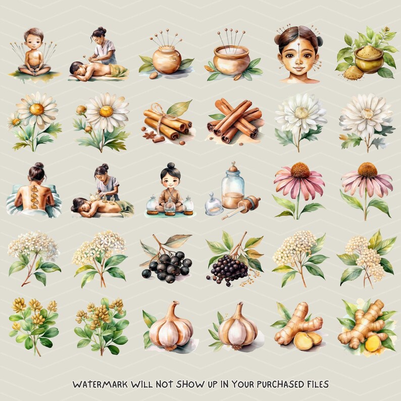 K&ouml;nnte beinhalten: Aquarellillustrationen zu Wellness und Naturheilkunde. Das Bild zeigt Darstellungen von Akupunktur, Massage, Blumen, Gew&uuml;rzen wie Zimt und Ingwer, Knoblauch und Beeren. Das Gesamtthema ist ganzheitliche Gesundheit und Wohlbefinden.
