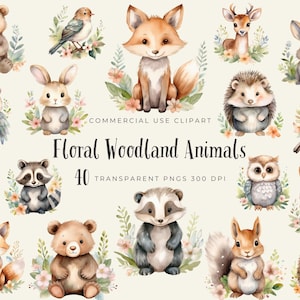Floral animaux de la forêt Clipart PNG, mignon blaireau ours lapin cerf renard hérisson hibou raton laveur écureuil illustration aquarelle, pépinière art POD